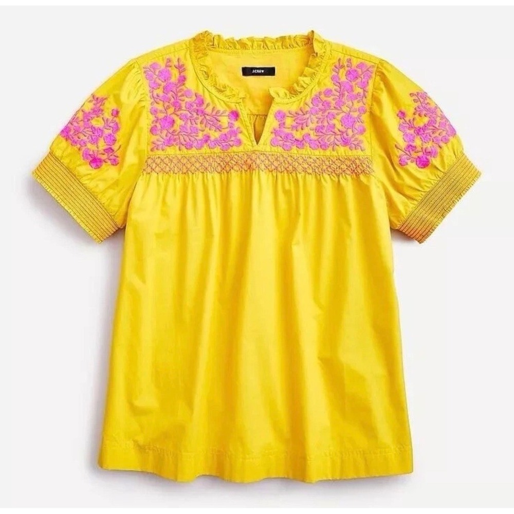 J Crew Top Embroidered Cotton Poplin Short Puff Sleeve Golden Sun Yellow Small